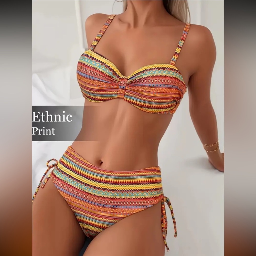 Multicolor Ethnic Print Bandeau Bikini Set